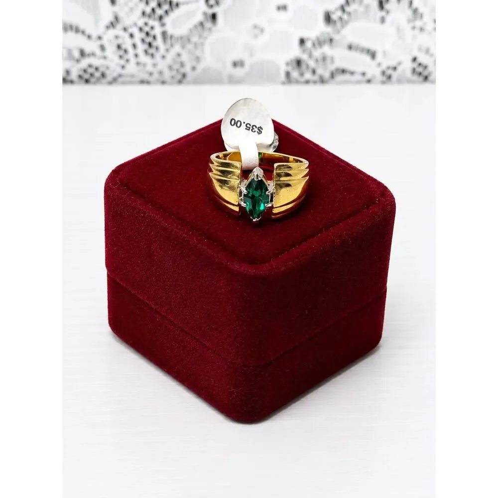 Vintage Karatclad Green Marquise Ring 14KT GE Gold Plate Size 8 New NOS